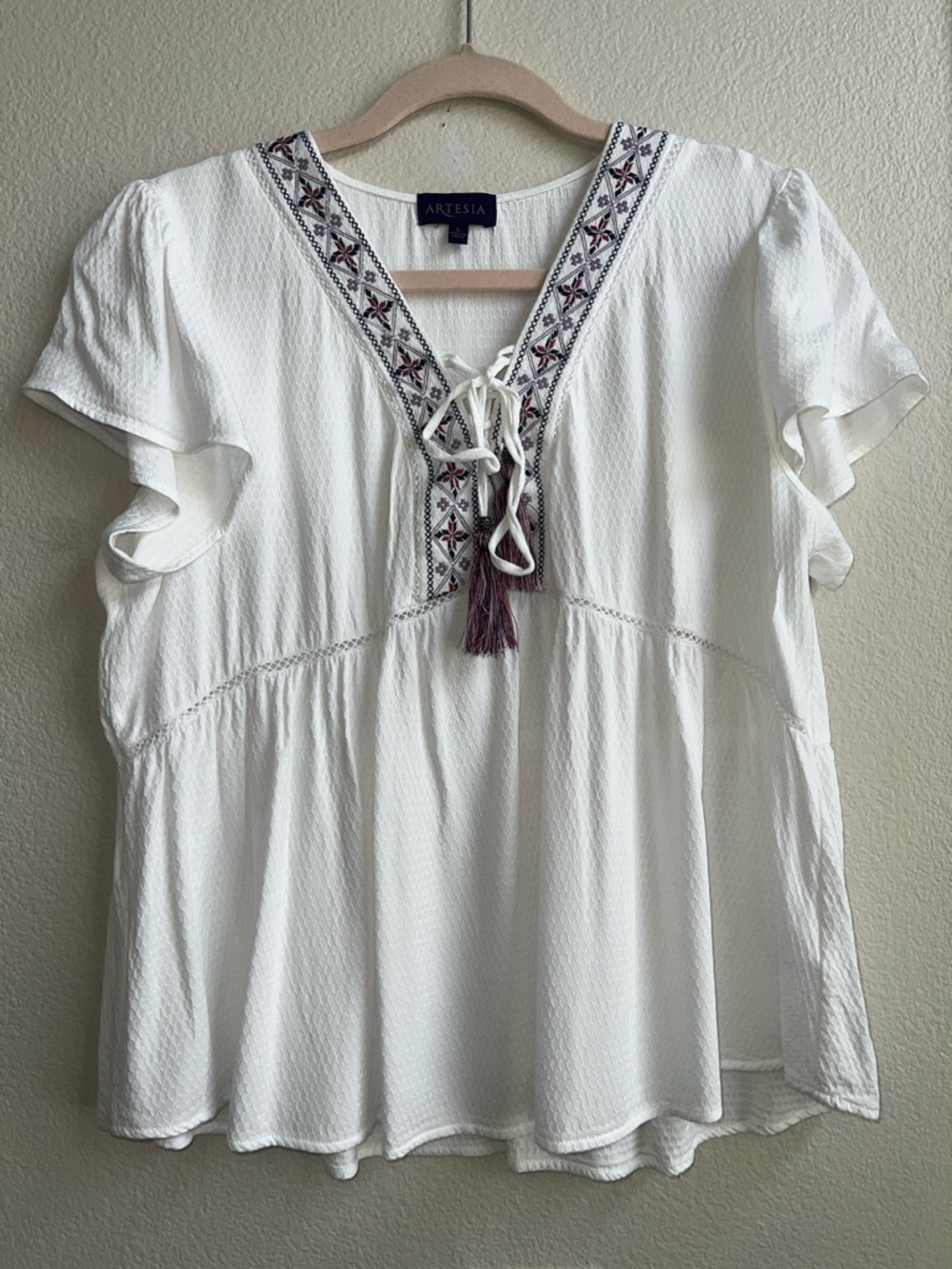 White Embroidered Tassel Peasant Blouse